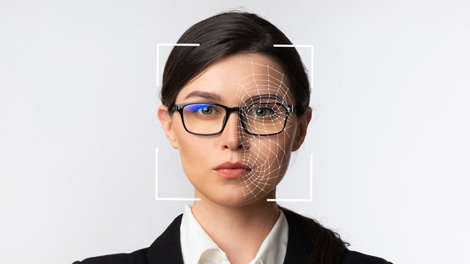 woman with facial recognition pattern